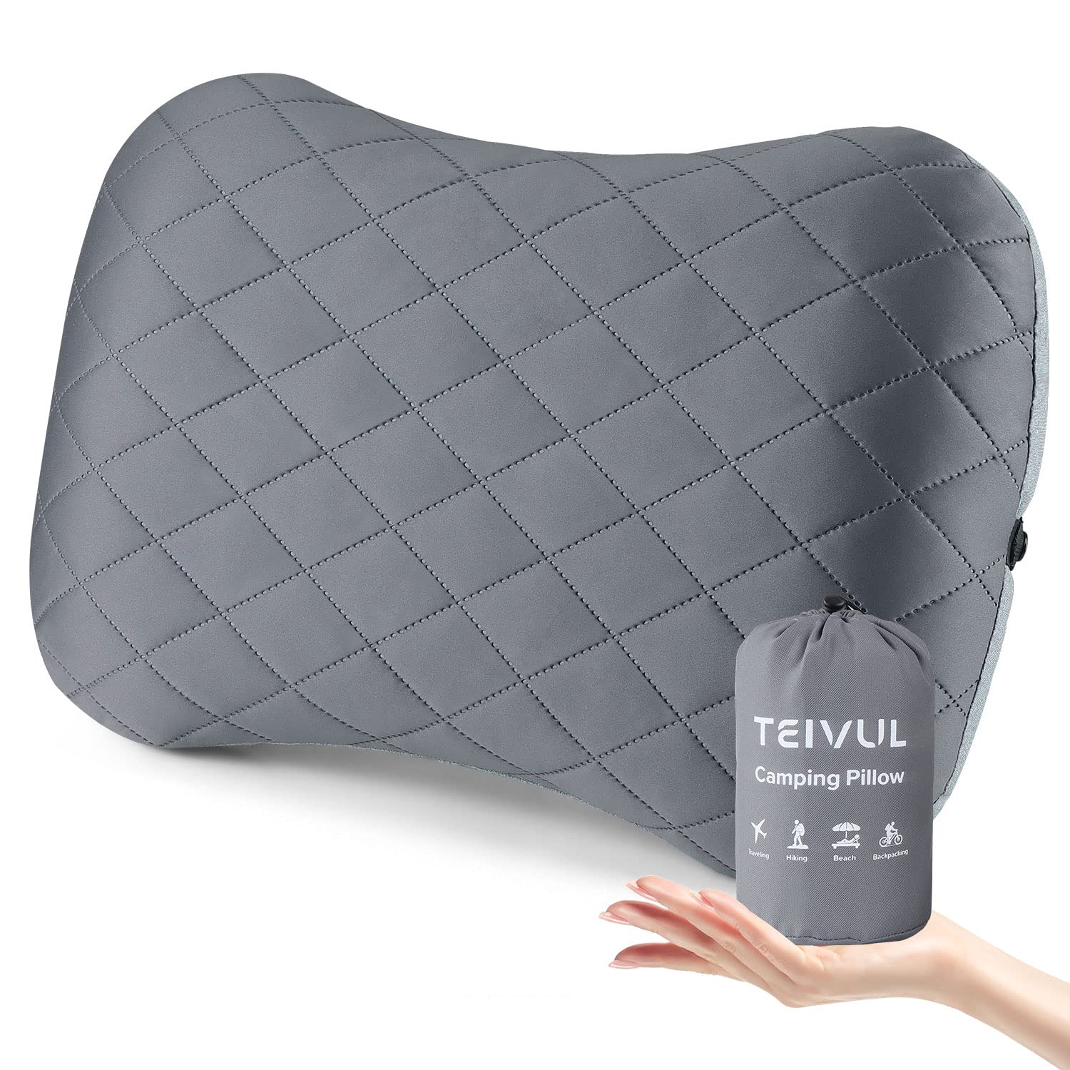 TEIVUL Camping Pillow, Inflatable Travel Pillow with Removable Pillowcase, Ergonomic Blow Up Pillows for Adults & Kids with Neck & Lumbar Support