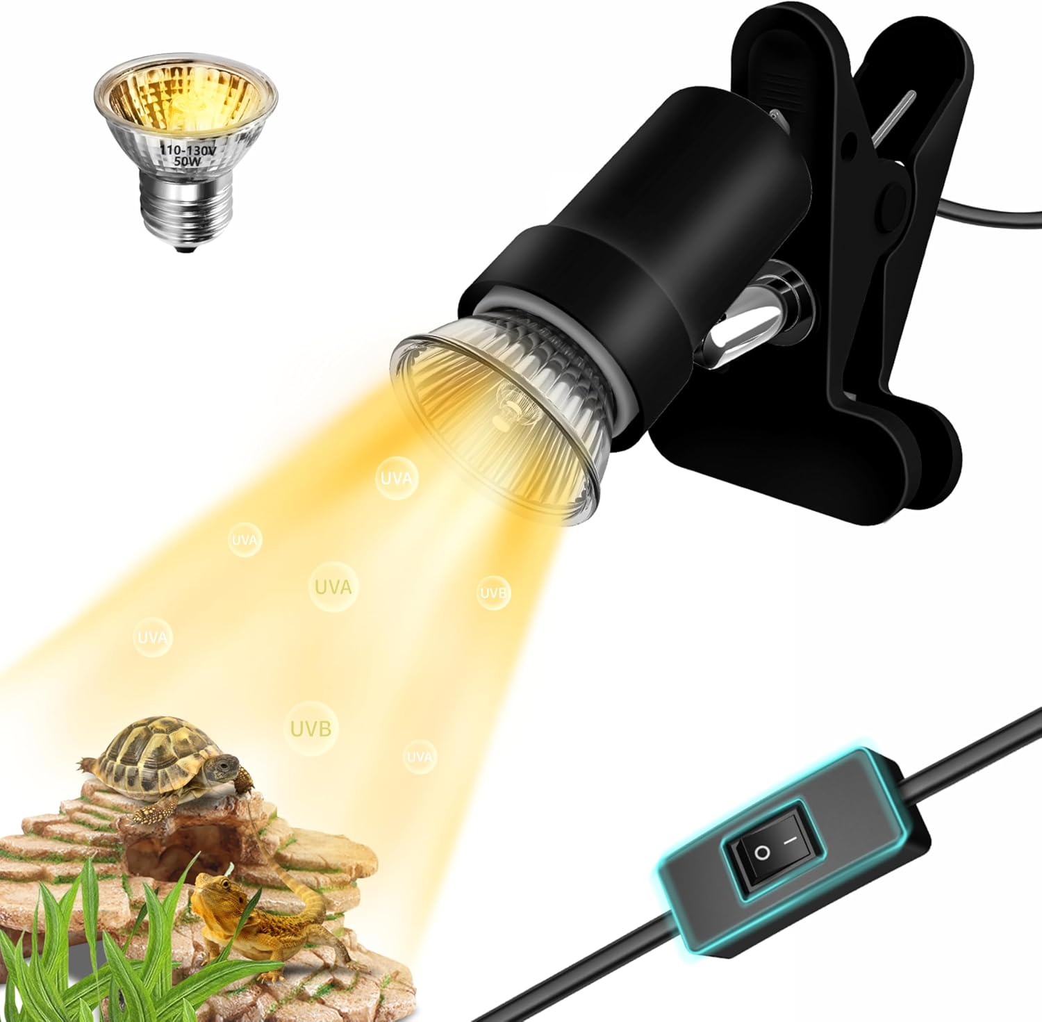 GOZILLA Reptile Heat Lamp, Turtle Lamp with 50W UVA/UVB Turtle Light Bulb, 360°Rotatable Clip Reptiles Basking Light for Amphibian and Reptile Tanks, Terrariums, Cages.(Black)