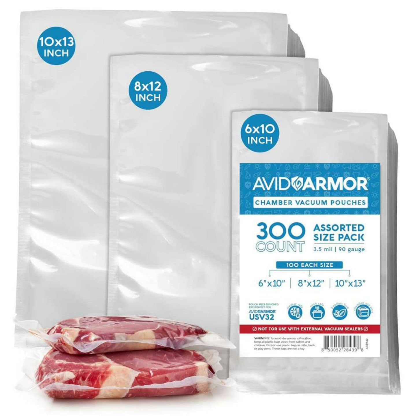 Photo 1 of Avid Armor Chamber Machine Pouches 3.5mil, Pre-Cut Vacuum Sealer Bags, Heavy Duty Seal Pouch, BPA-Free Chamber Sealer, Assorted Size Pack, 6"x10", 8"x12", 10"x13" - Pack of 300