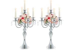 Kolnlala 2 Pcs 20.3'' Tall 5 Arm Silver Candelabra Centerpiece for Table, Metal Crdystal Candle Holder, Retro Candlestick Table Centerpieces for Party, Events, Home, Wedding Decor (2, Silver)
