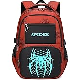 BLUWEI Kids Backpack Boys 18in Cool Luminous Spider Bookbag Elementary Teens School Bag Age 6-12 Compartments (Red)