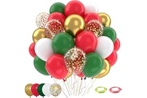 Patimate Red and Green Christmas Balloons Set, 50 pcs 12 inch Metallic Gold Green Red White Confetti Latex Balloons Kit for Christmas Grinch Birthday Party Decorations