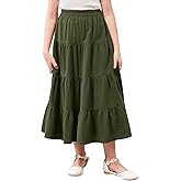 GORLYA Girls Casual Vintage Solid Elastic High Waist Tiered Hem Long Swing Linen Maxi Skirt for 4-14T