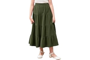 GORLYA Girls Casual Vintage Solid Elastic High Waist Tiered Hem Long Swing Linen Maxi Skirt for 4-14T