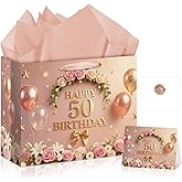 Rose Gold 50th Birthday Bag for Women Floral 50th Birthday Gift Bag with Wrapping Paper Card Sticker Envelope for Her, Mom, Wife, Sisters, Friends, Cheers to 50 Years Old Gifts Wrap Party Decorations