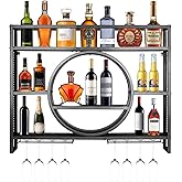 47in Wine Rack Wall Mounted, Modern Metal Wall Bar Shelves with Liquor Bottle & Glass Holder, 3-Tier Bar Liquor Bottle Display Shelf Wall Mounted for Home Bar Kitchen Dining Room (Black, 47in/120cm)
