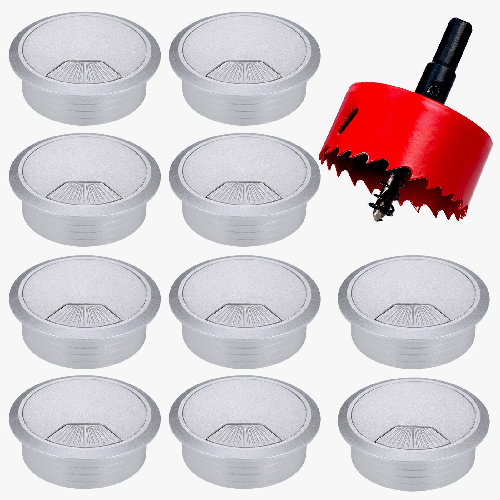 Hejo 10PCS Desk Grommet, Table Cable Grommet 60mm with Hole Saw, Round Cord Cable Hole Cover Wire Organizer for Home and Office Table (Silver) — image 1