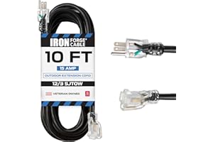 Iron Forge Cable 12 Gauge Extension Cord 10 Ft, SJTOW 12/3 Heavy Duty Extension Cord 3 Prong 10 Foot, Oil Resistant & Flame Retardant Black Electrical Cable, Lighted End for Farm & Workshop - 15 AMP