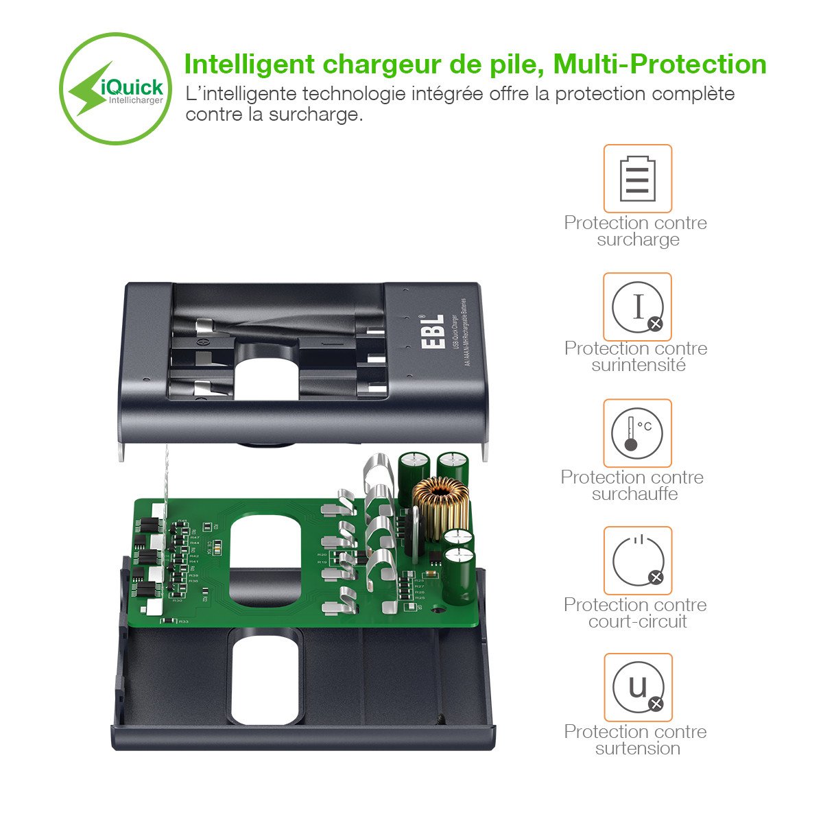 EBL iQuick chargeur de pile rechargeable AA/AAA 40min de charge pou une pile avec lot de 4 piles rechargeables AAA 1100mAh