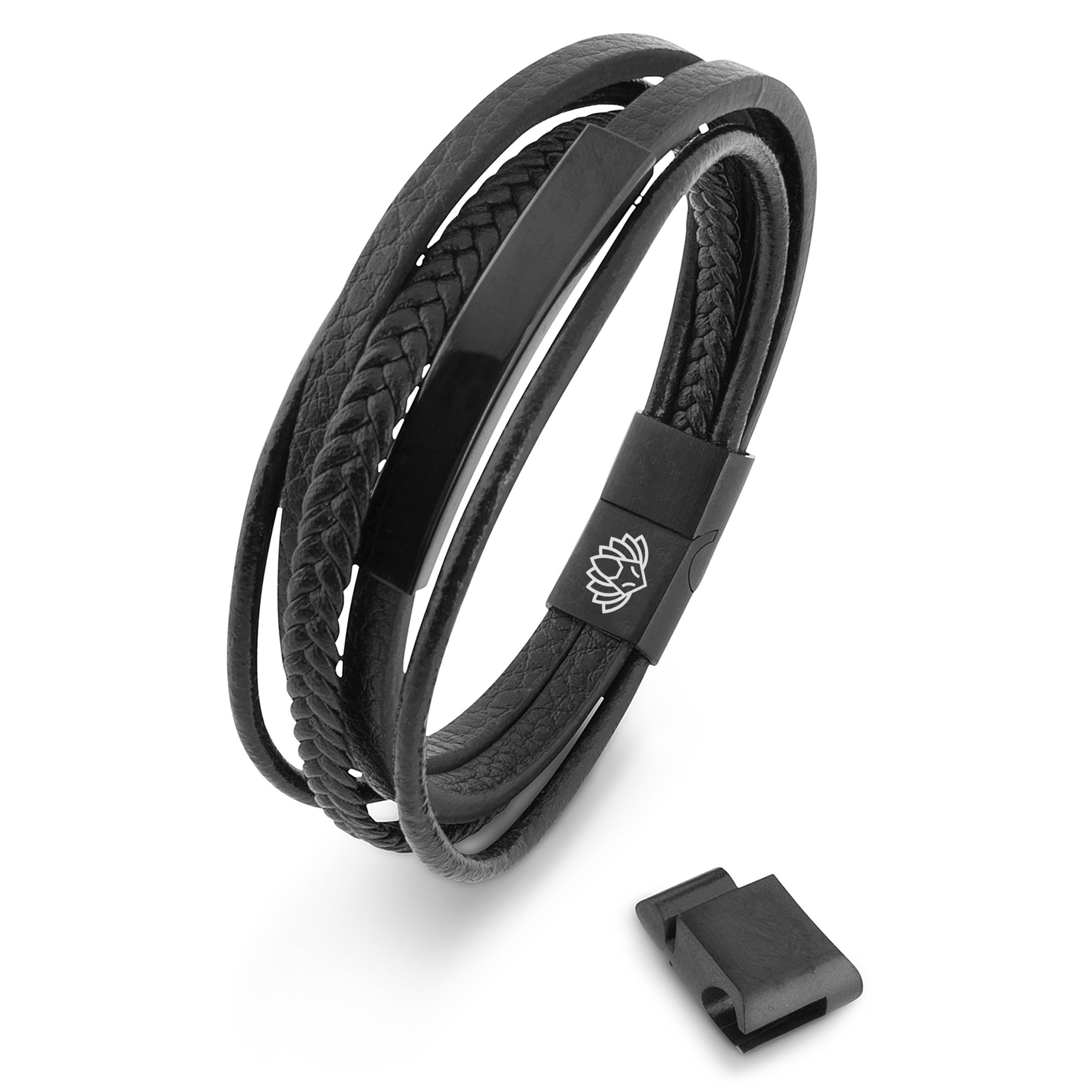 Akitsune The Punisher Synthetic Leather Bracelet | Magnetic Clasp Stainless Steel - Braided Mens Bangle Wristband | incl. Beautiful Jewelry Gift Box - Black-Black - 21cm