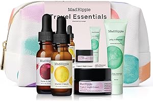 Mad Hippie Travel Essentials – Vitamin C Serum, Triple C Night Cream, Super A Serum + Jelly Cleanser in a 100% Recycled Toiletries Bag, Cruelty-Free