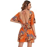 Floerns Women's Tropical Floral Plunging V Neck Tie Open Back Summer Short Dress