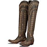 olomisa Over the Knee Cowboy Boots for Women Embroidery Cowgirl Boots Chunky Heel Side Zipper Boots Thigh High Western Boots