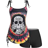 Rosegal Womens Plus Size Skull Rose Tie Dye Print Cinched Ruched Tie Boyshorts Tankini Swimsuit Set