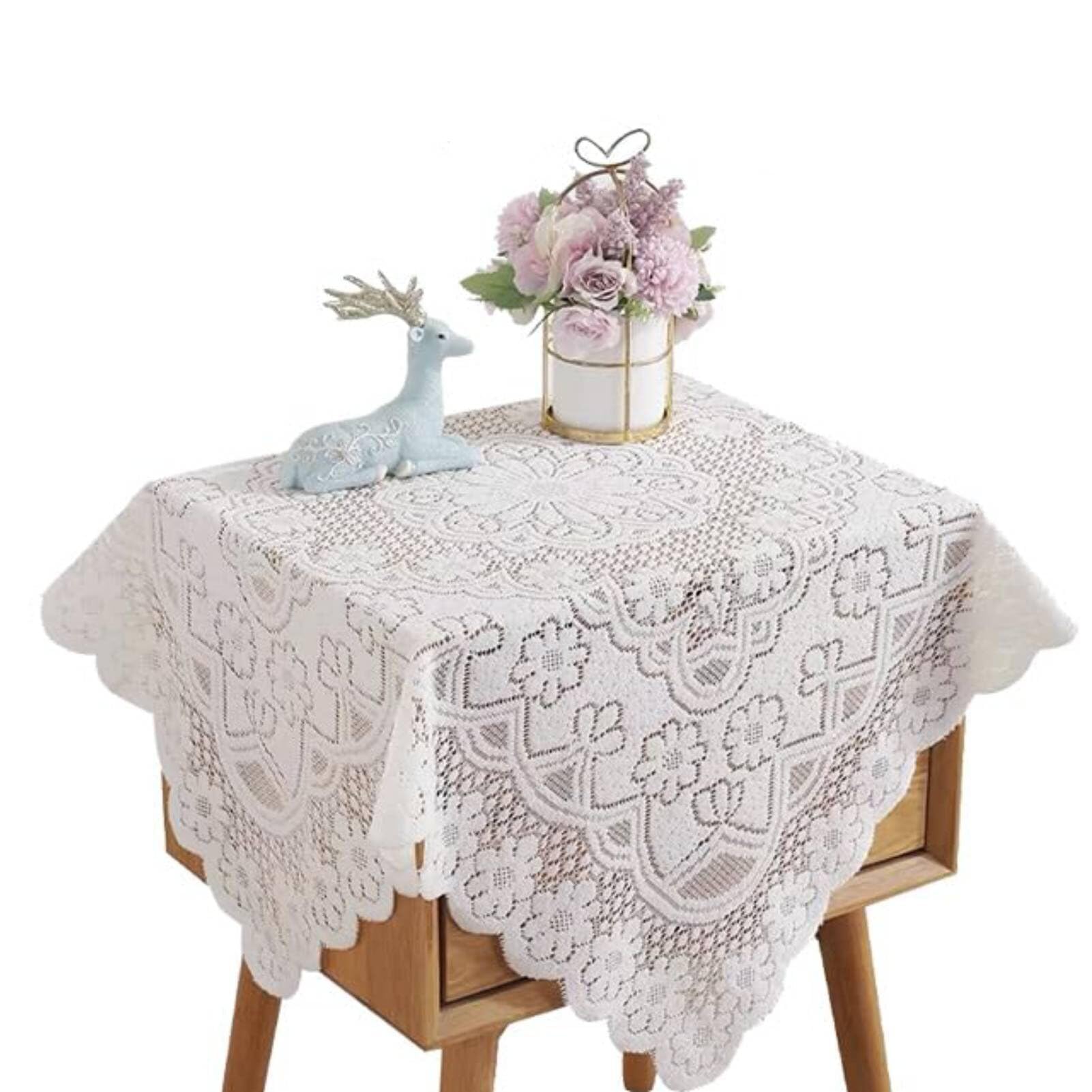 Gsycle White Lace Tablecloth, Elegant Afternoon Tea Tablecloth Flower Embroidered Laces Table Cover Vintage Lace Tablecloths Rustic Table Cloth for Parties Holiday Dinner(60 * 60cm)