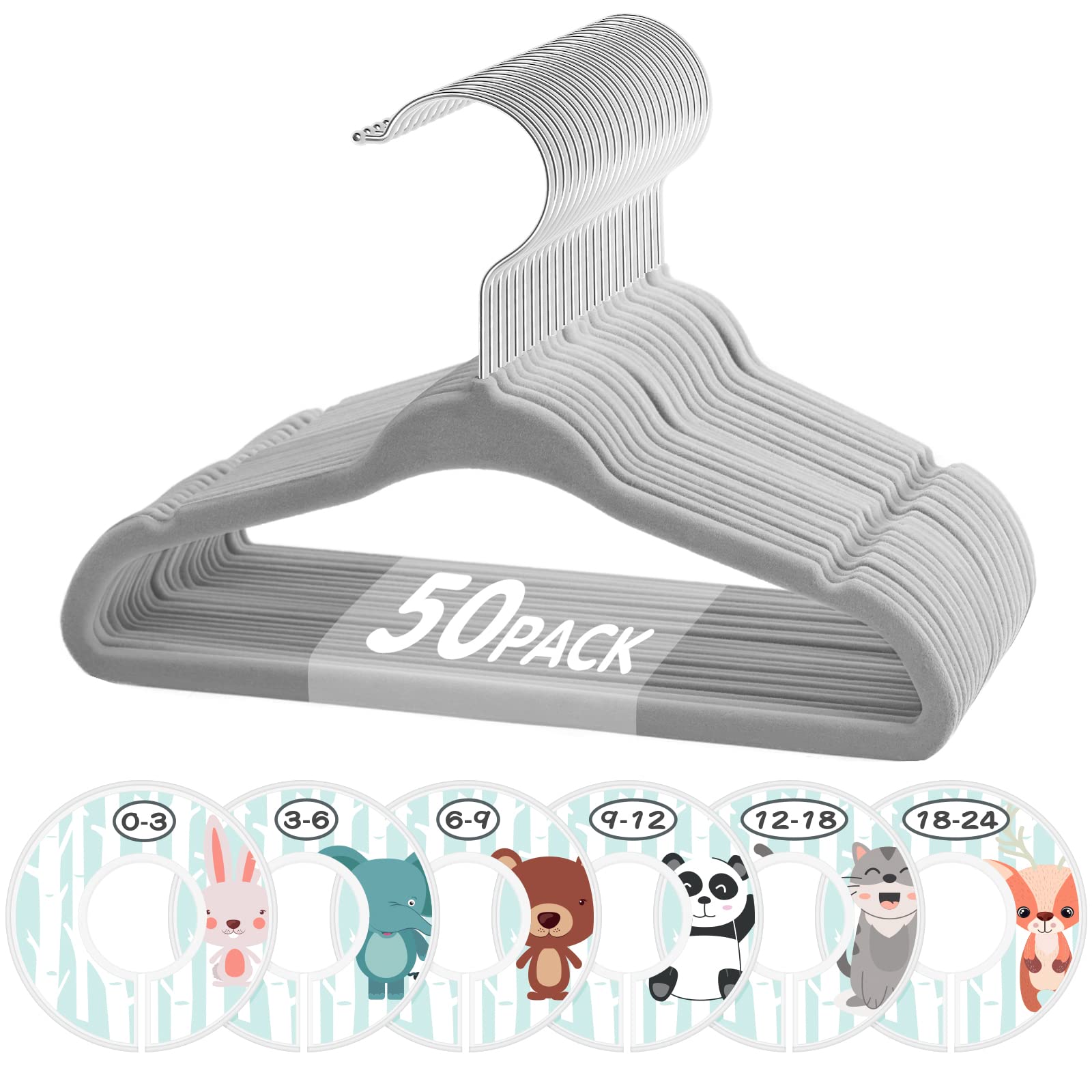 Photo 1 of **READ CLERK NOTES*****PARTIAL SET******. IS'V Baby Hangers, 11 Inch Velvet Kids Hangers with 6 Pcs Clothes Size Dividers, Infant Toddler Nursery Closet Organization, Non Slip, Gray, 50 Pcs
