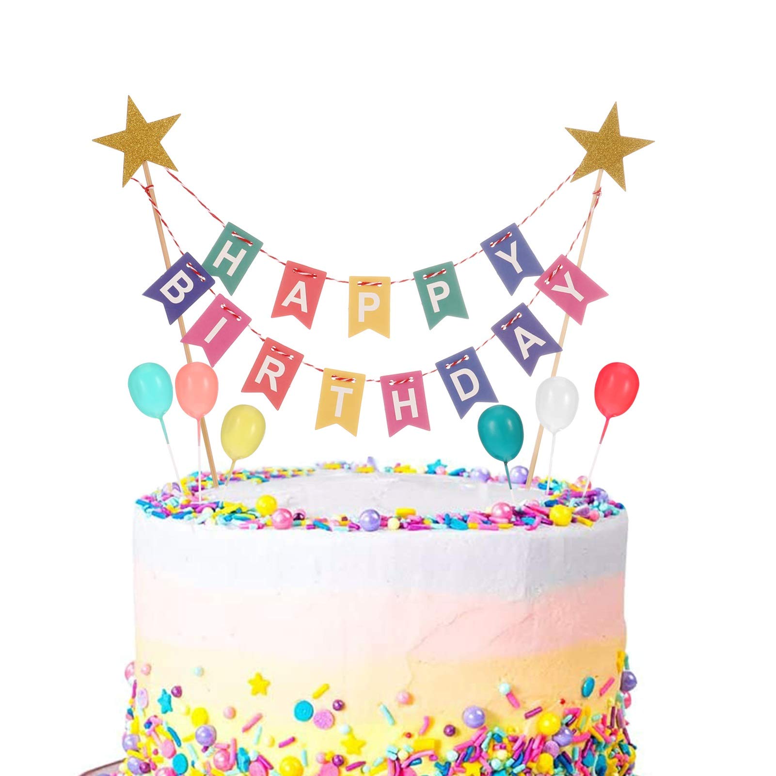 QINREN Birthday Cake Topper Bunting Set, Rainbow Cake Decorations with 6pcs Mini Colorful Balloon Cupcake Toppers Kids Birthday Party Supplies for Theme Birthday Party Decoration