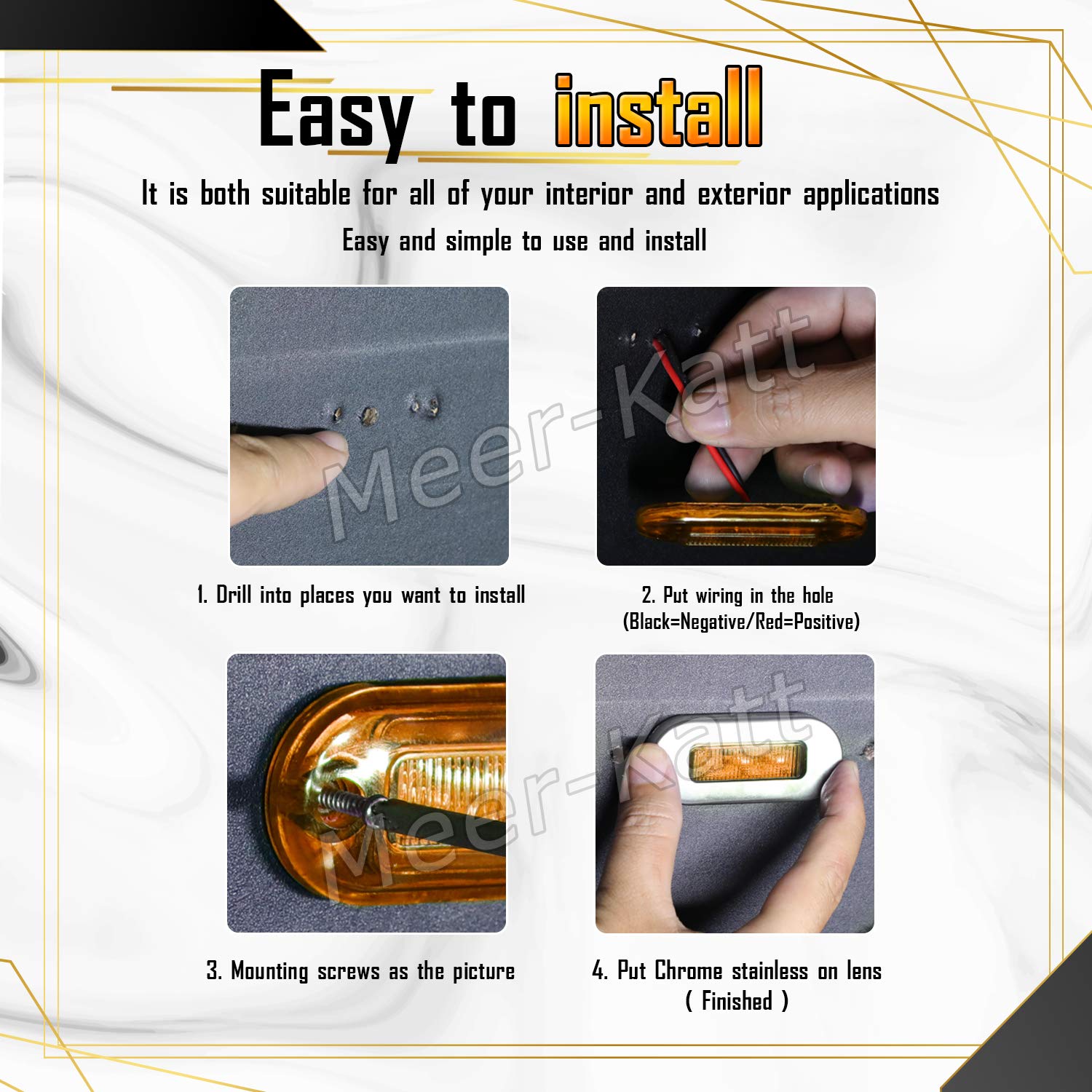 Meerkatt (Pack of 10) 3 Inch Oblong Amber LED Marine Courtesy Light Sealed Flush Mount Clearance Lamp for Yacht Stair Deck Garden Boat RV Cabin Truck Waterproof 12V DC with Chrome Stainless Bezel UV12