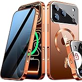 [Full Camera Protection& Mechanical Lock]Magnetic Privacy Case for iPhone 17 Pro [Compatible with MagSafe] [CD Metal Ring]Full Body Shockproof Metal Bumper, 9H Anti Peeping Glass Cover-Orange