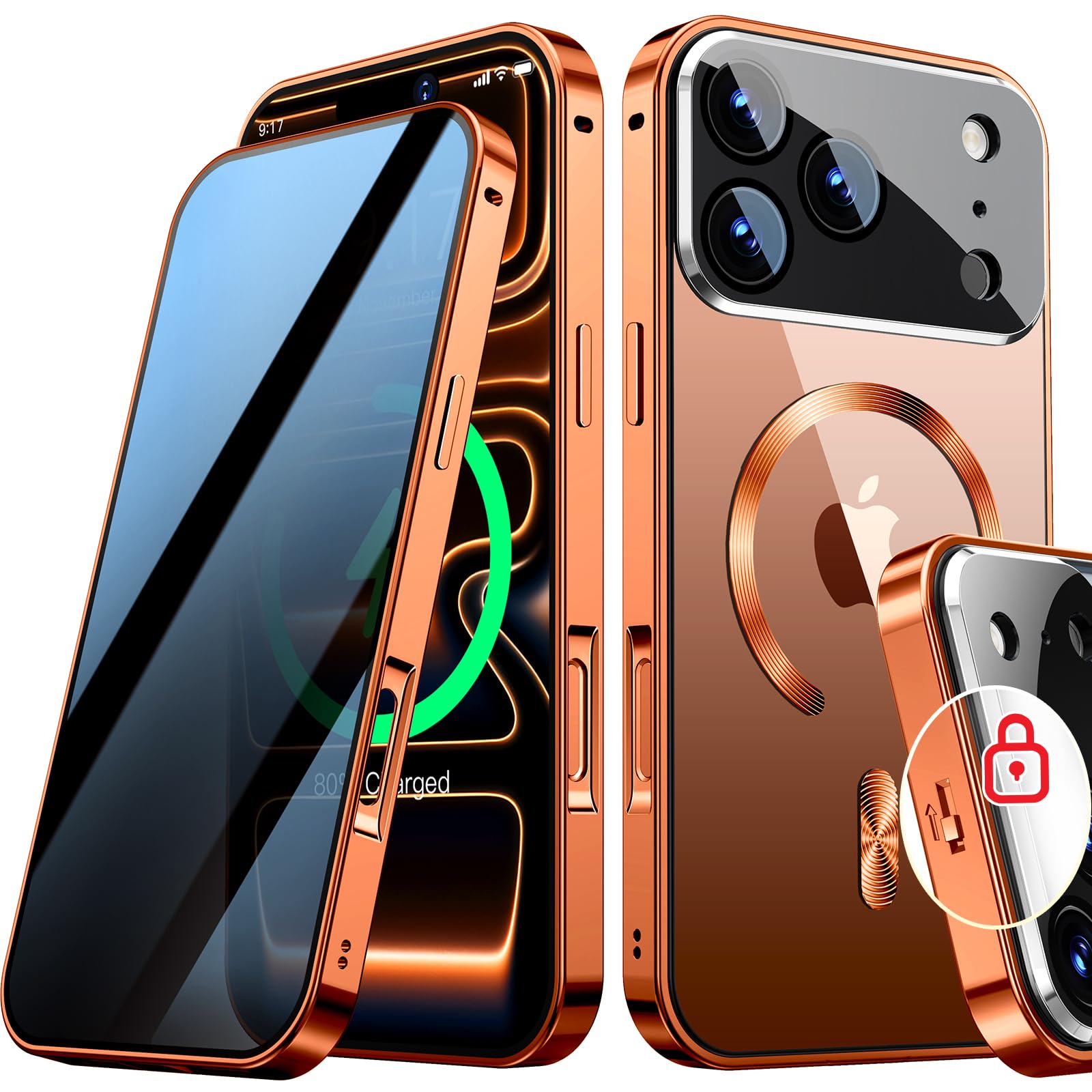 Photo 1 of [Full Camera Protection& Mechanical Lock]Magnetic Privacy Case for iPhone 17 Pro [Compatible with MagSafe] [CD Metal Ring]Full Body Shockproof Metal Bumper, 9H Anti Peeping Glass Cover-Orange