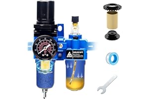 ATINY 1/4" NPT Air Filter Regulator Lubricator Combo with Pressure Gauge,Air Regulator and Water Separator 5 Micron Brass Filter Cartridge,Semi-Auto Drain,Metal Bracket-Blue