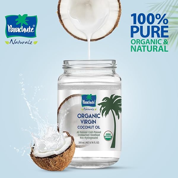 “PARACHUTE NATURALZ ORGANIC VIRGIN COCONUT OIL | COOKING OIL, HAIR OIL, BODY OIL & OIL PULLING | COLD PRESSED | UNBLEACHED | UNREFINED | NON-HYDROGENATED | MCT OIL | USDA CERTIFIED |16 FL. OZ | GLASS JAR”
