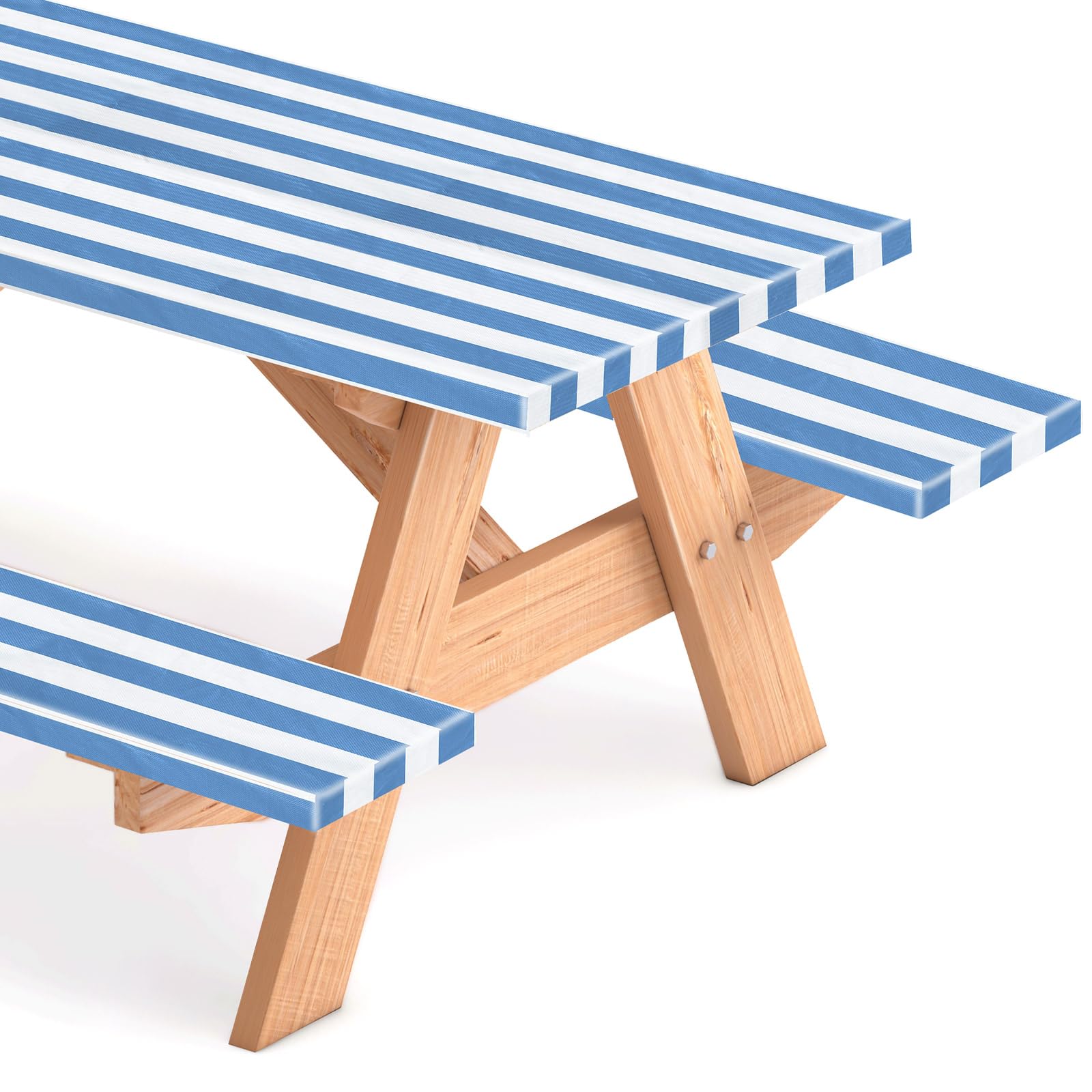 Photo 1 of SmoothNovelty Picnic Table Cover with Bench Covers 72 x 30 Inch Waterproof Elastic Fitted Outdoor Stripe Tablecloth for 6 ft Rectangle Tables, School Camping Accessories Park(Light Blue and White)