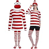 FancyFun 4 Pieces Adult Halloween Costume Set, Womens Costume Set Cosplay Red and White Striped Shirt Beanie Hat Nerd Glasses