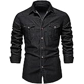 Eisctnd Men's Denim Button Down Shirt Classic Fit Long Sleeve Jean Work Shirts with 2 Pockets