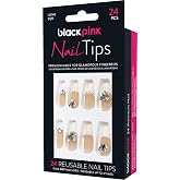 Blackpink Press-On Nail Tips Ready Painted Long Perfect Fit Ready To Go, Glue Included, Reusable, Glue on Nails, Long Nail Kit 24PC - BNT017