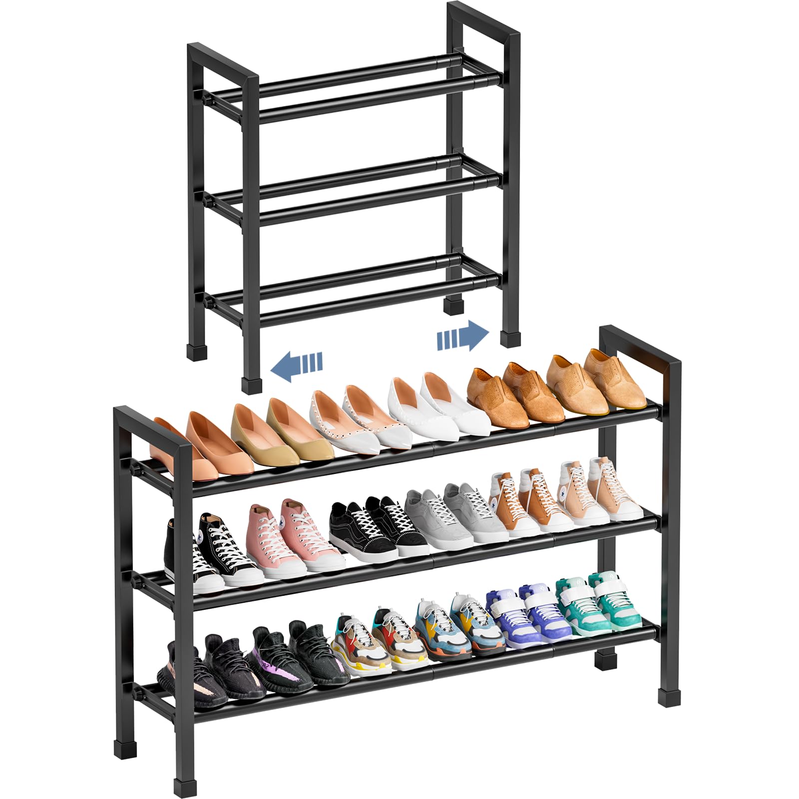 Photo 1 of Mavivegue 19“- 43” Adjustable Shoe Rack, 3 Adjustable Length, 3 Tier Expandable Shoe Rack for Closet, Entryway, Shoe Shelf, Black