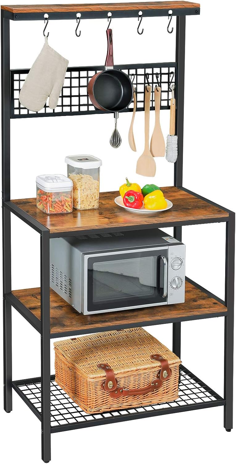 VASAGLE ALINRU Kitchen Bakers Rack Cupboard with 10 Hooks, Mesh Panel, 3 Shelves, and Adjustable Feet, for Microwave Oven Cooking Utensils, Industrial, Rustic Brown UKKS17BX - Standing Baker's Racks
