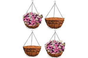 ASHMANONLINE Ashman 14 Inch Metal Hanging Planter Basket with Coco Coir Liner Round Wire Plant Holder Chain Porch Decor Flower Pots Hanger Garden Decoration Indoor Outdoor Watering Hanging Baskets (4)