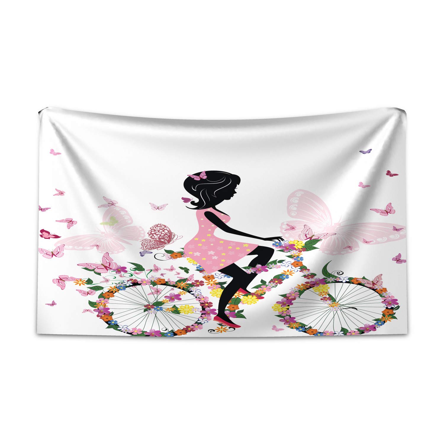 ABAKUHAUS Bicycle Tapestry, Girl in Pink Dress Riding a Bike Colorful Flowers and Romantic Butterflies, Fabric Wall Hanging Decor for Bedroom Living Room Dorm, 90 W X 54 L, Pink