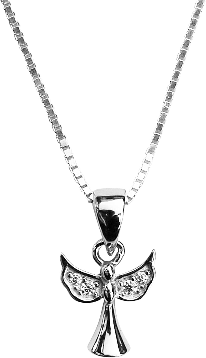 Purple Piglet Gifts Sterling Silver Angel Necklace, Silver Box Chain Cubic Zirconia Pendant