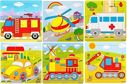 FunBlast (Set of 6 Puzzle Board) Wooden Colorful Learning Educational Board for Kids Set of 6 Jigsaw Puzzle Board (6 Vehicles)