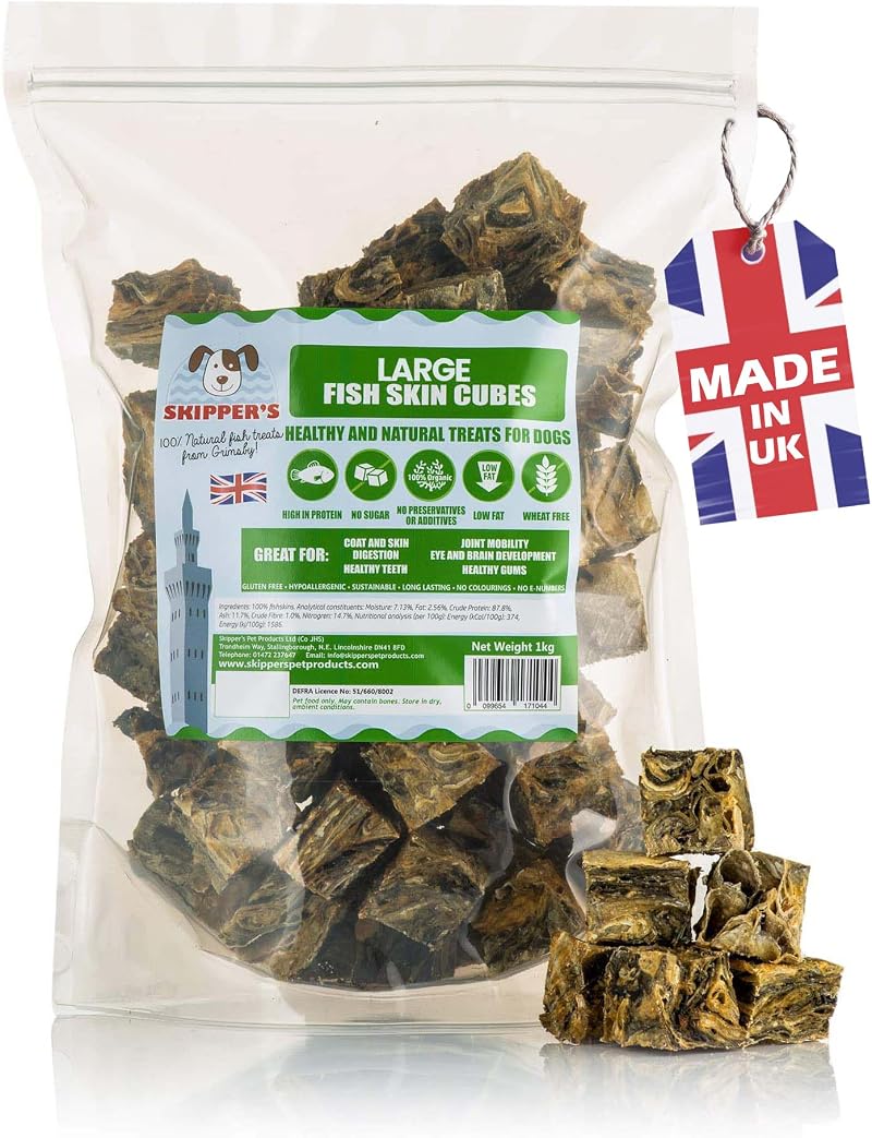 SKIPPER'S Fish Skin Jerky Cubes Large 1kg Pack Hypoallergenic Grain Free