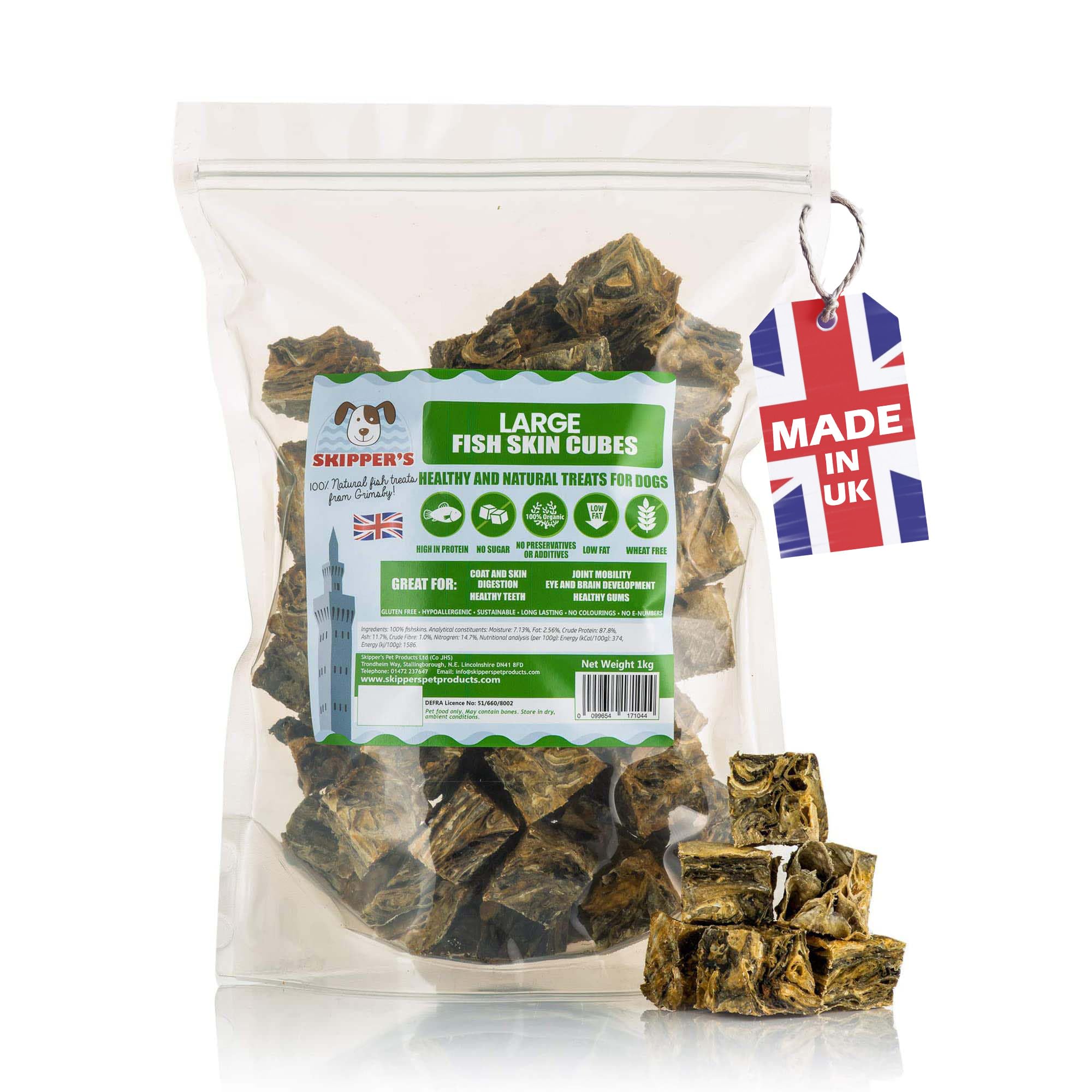 SKIPPER'S Fish Skin Jerky Cubes - Gently Air Dried Dog Treats, Healthy & Natural Treat for Dogs, Hypoallergenic Grain Free, High in Protein & Low Fat | Great for Teeth (Cube Size Large, 1kg Pack)