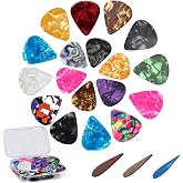 21 Pack Guitar Picks with Organizer Storage Box, 4 Different Thickness Colorful Celluloid Guitar Picks Plectrums for Acoustic Guitar, Electric Guitar, Bass, Ukulele