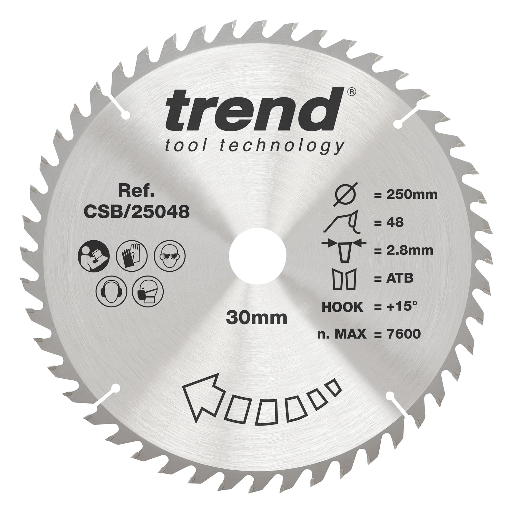 Trend Wood Circular Saw Blade, 250mm Diameter, 30mm Bore, 48 Teeth, 2.8mm Kerf, +15° Hook, TCT, Medium Finish, CSB/25048