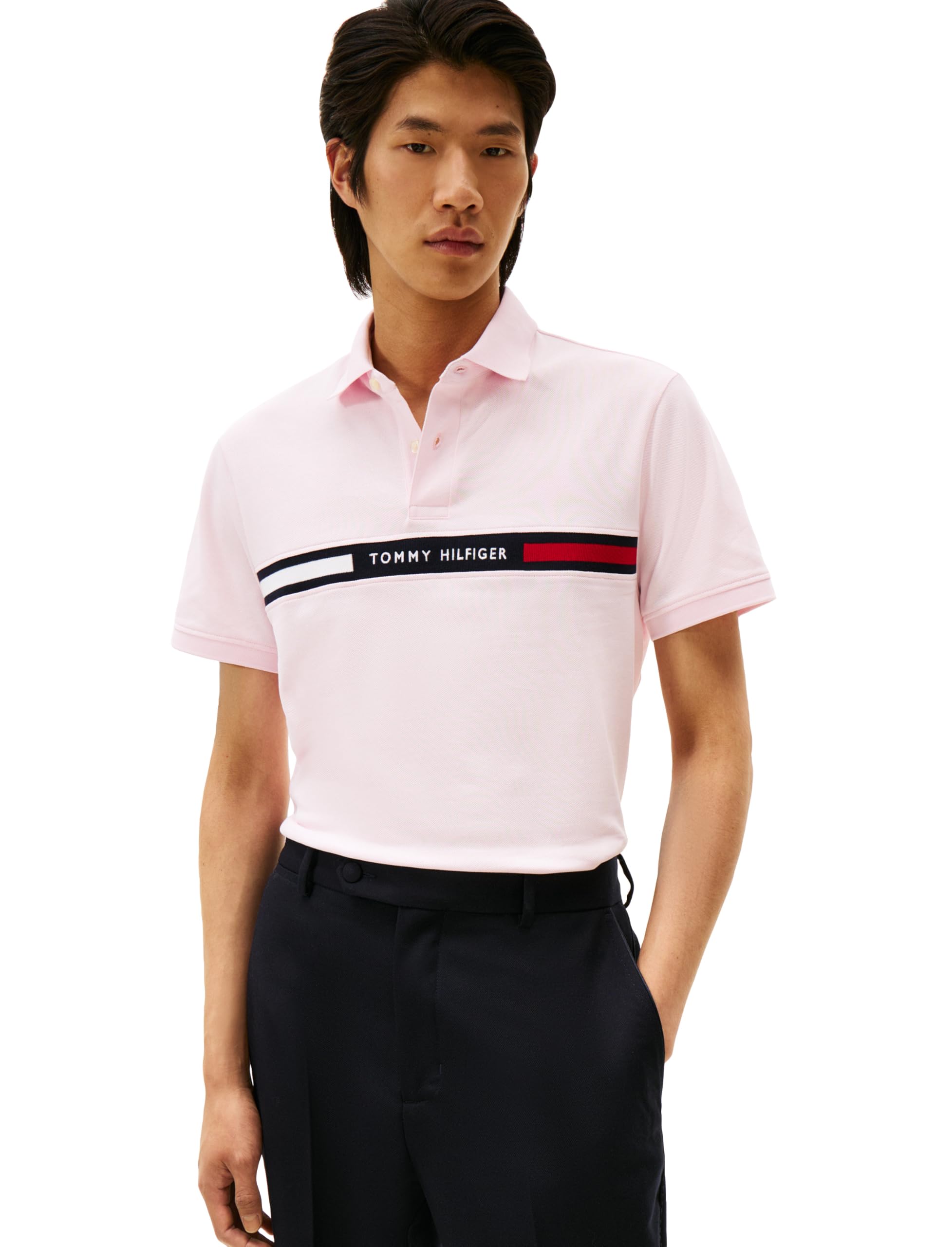Tommy Hilfiger Men’s Chest Insert Regular Short Sleeve Polo, Light Pink Large