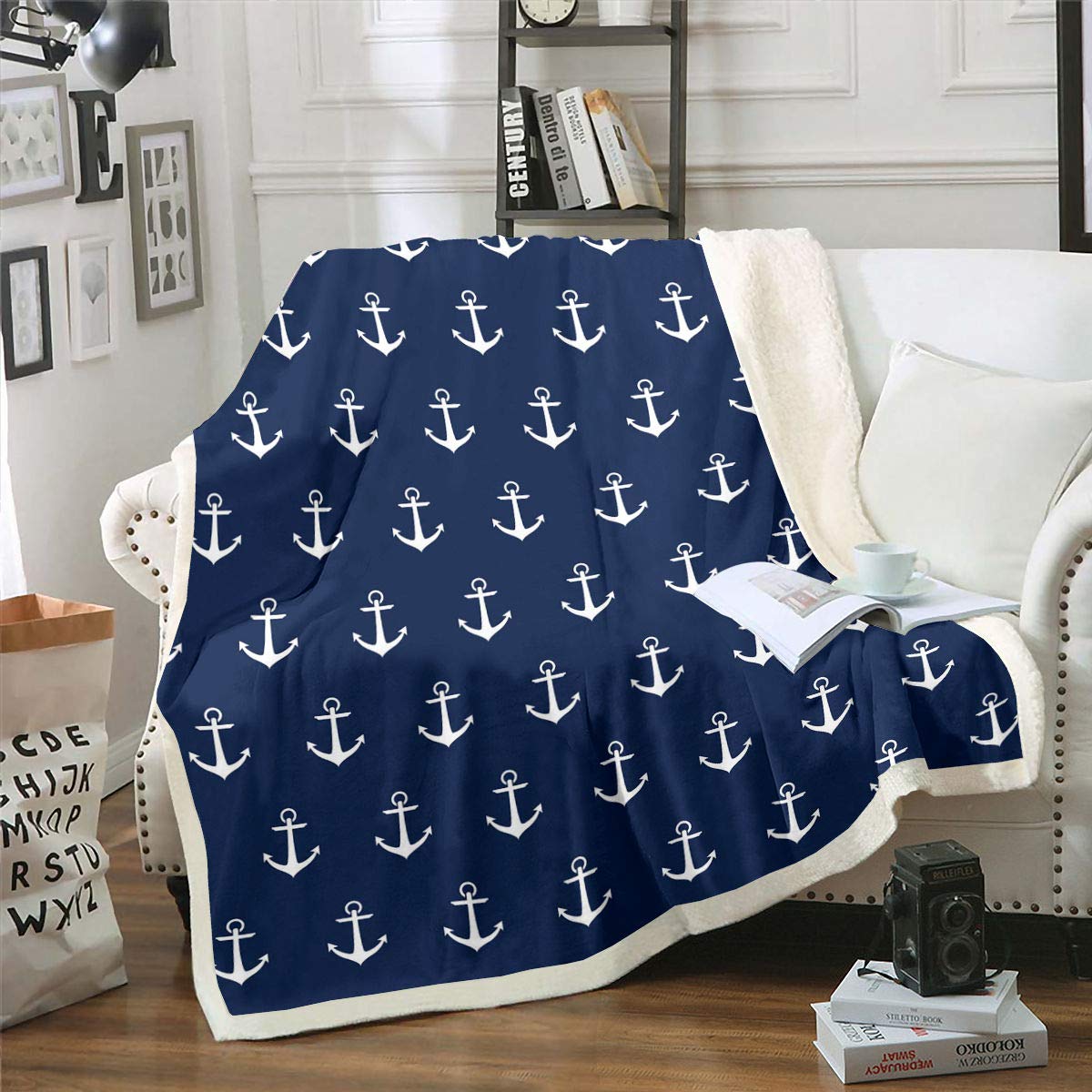 Ocean Nautical Plush Sherpa Blanket - Anchor Printed Fleece Throw for Kids & Adults - Soft, Luxury, Fuzzy - Navy Blue, Double - 60x79 Inch