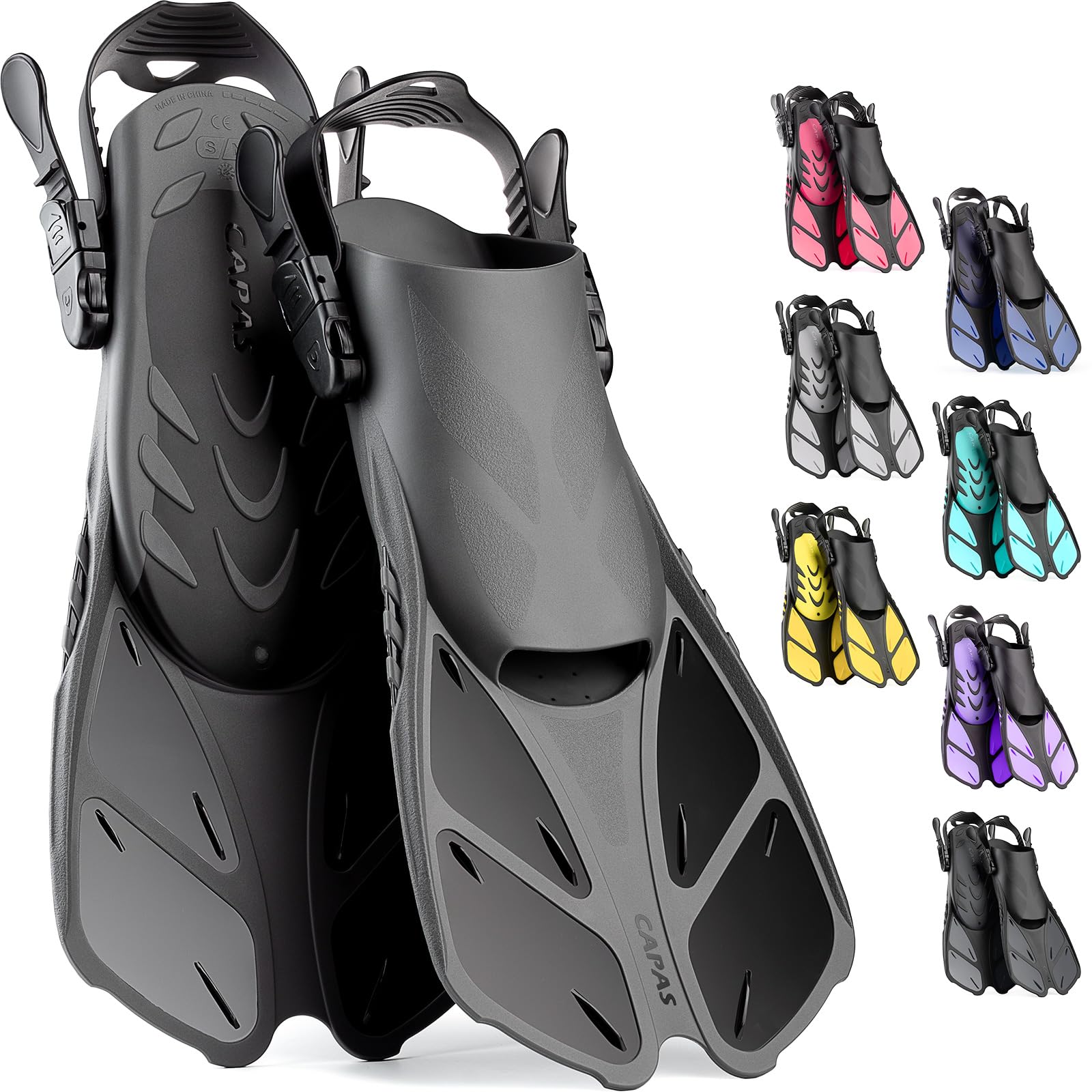 CAPAS Snorkel Fins, Swim Fins Travel Size Short Adjustable for Snorkeling Diving Adult Men Women Kids Open Heel Swimming Flippers (Black, Kids JR)
