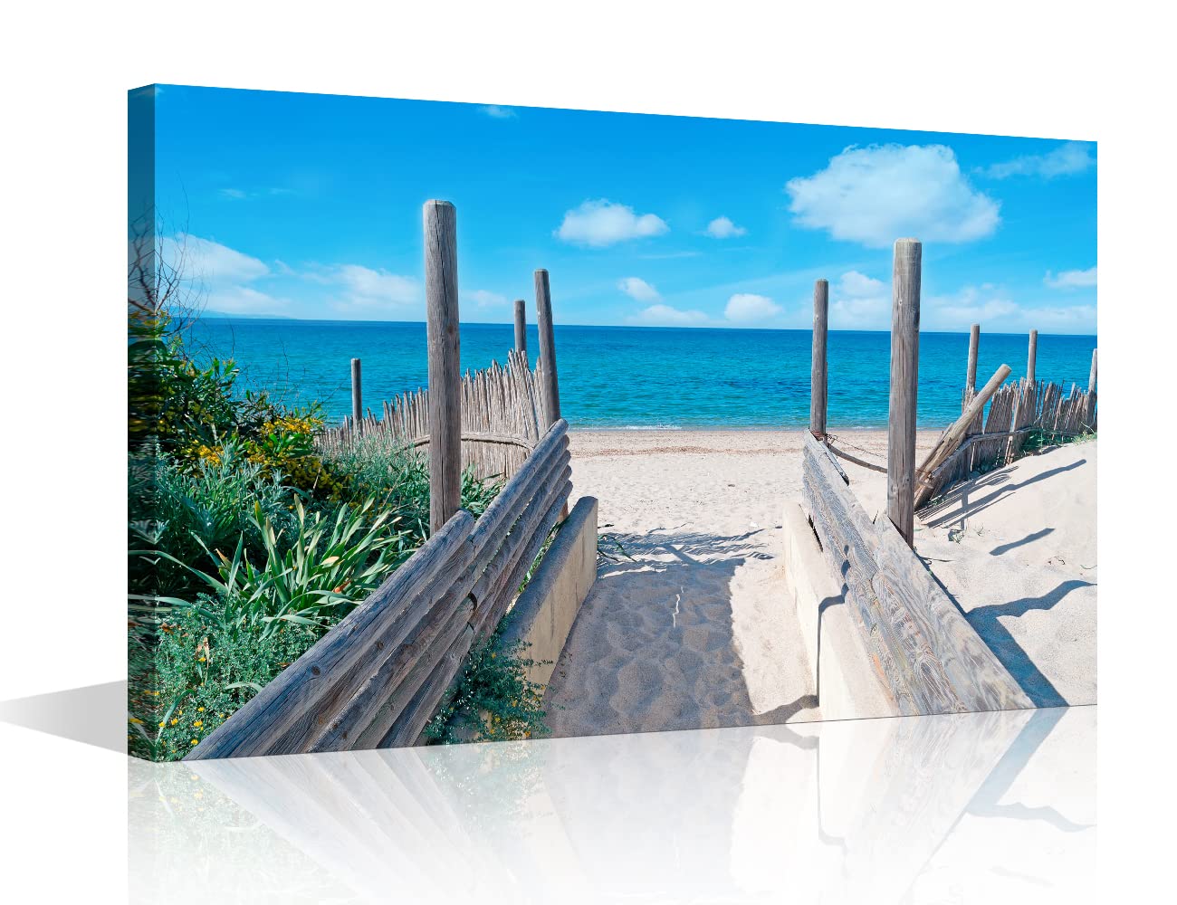TISHIRON Beach Pathway Canvas Wall Art Seascape Painting Seaside Fence Artwork Picture Print for Living Room Bedroom Home Office Wall Decor Modern Coastal Landscape Ready to Hang (12X8in) — image 1