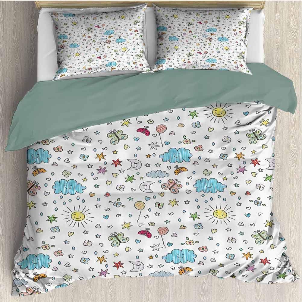 Waynekeysl Home Duvet Cover Set, Smiling Sun Moon Stars Clouds Flowers Butterflies Ladybugs Heart Shapes Children Art, Decorative 3 Piece Bedding Set with 2 Pillow Shams, Cal King Size, Blue Yellow