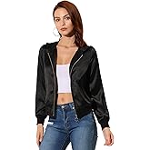 Allegra K Women's Casual Bomber Jacket Satin Zip Up Lightweight Hooded Windbreaker Outerwear