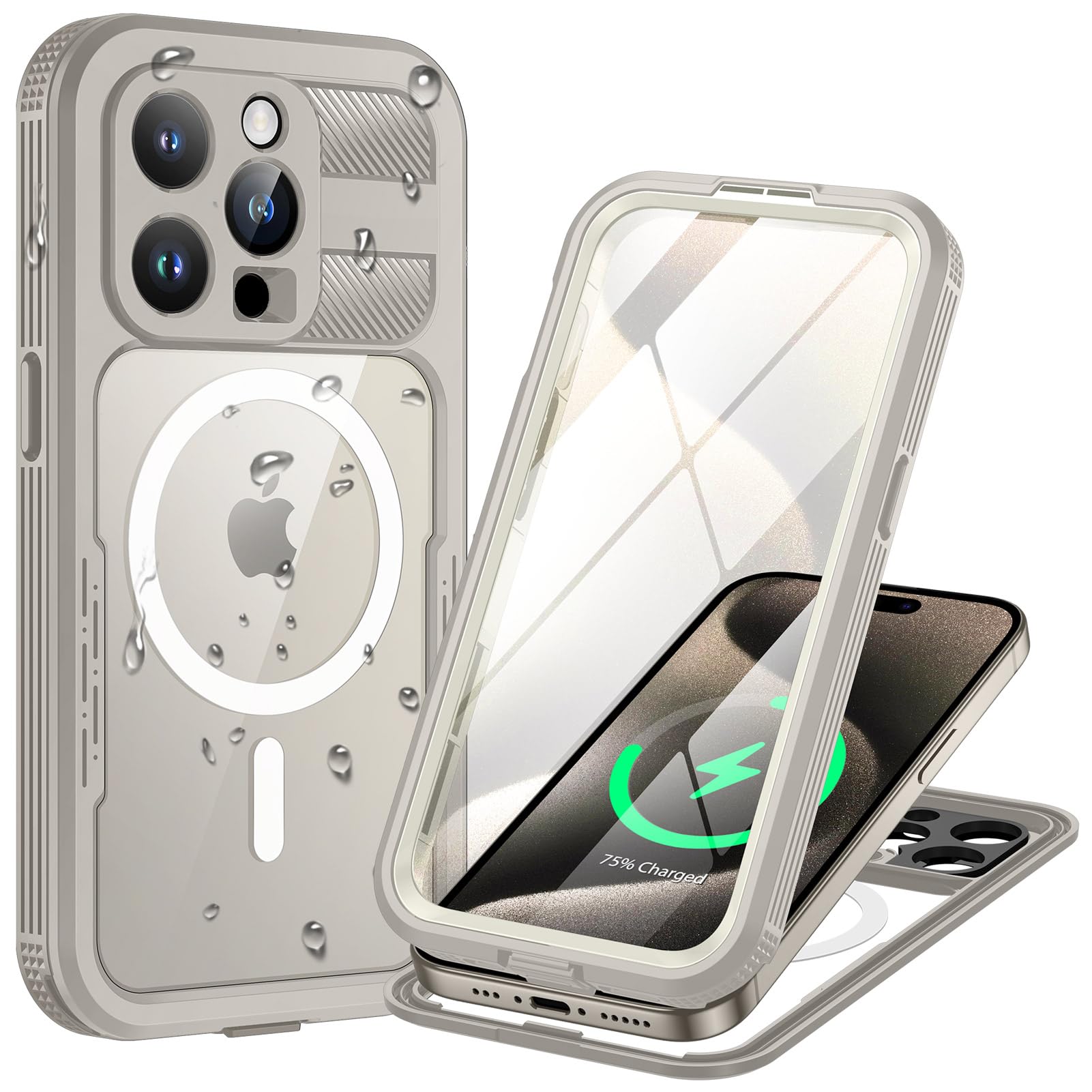 Lanhiem for iPhone 15 Pro Waterproof Case, [Compatible with MagSafe] Heavy Duty Shockproof Dustproof Cover with Screen Protector, Front and Back Magnetic Case for 15 Pro - 6.1 inch (Nature) — image 1