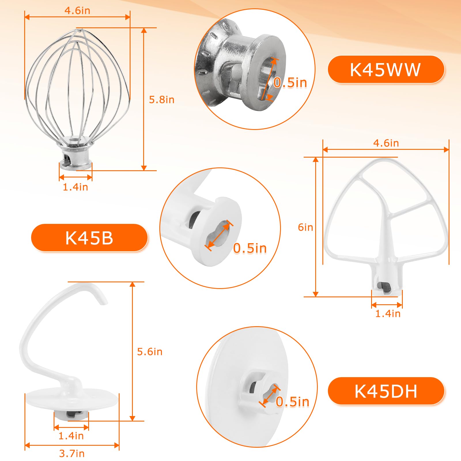 Stand Mixer Attachments 3-Piece Kit -Replace for Kitche.n aid Accessories K45WW Wire Whip/ K45DH Dough Hook /K45B Coated Flat Blade Paddle with Scraper -Stainless Steel by TOMOON