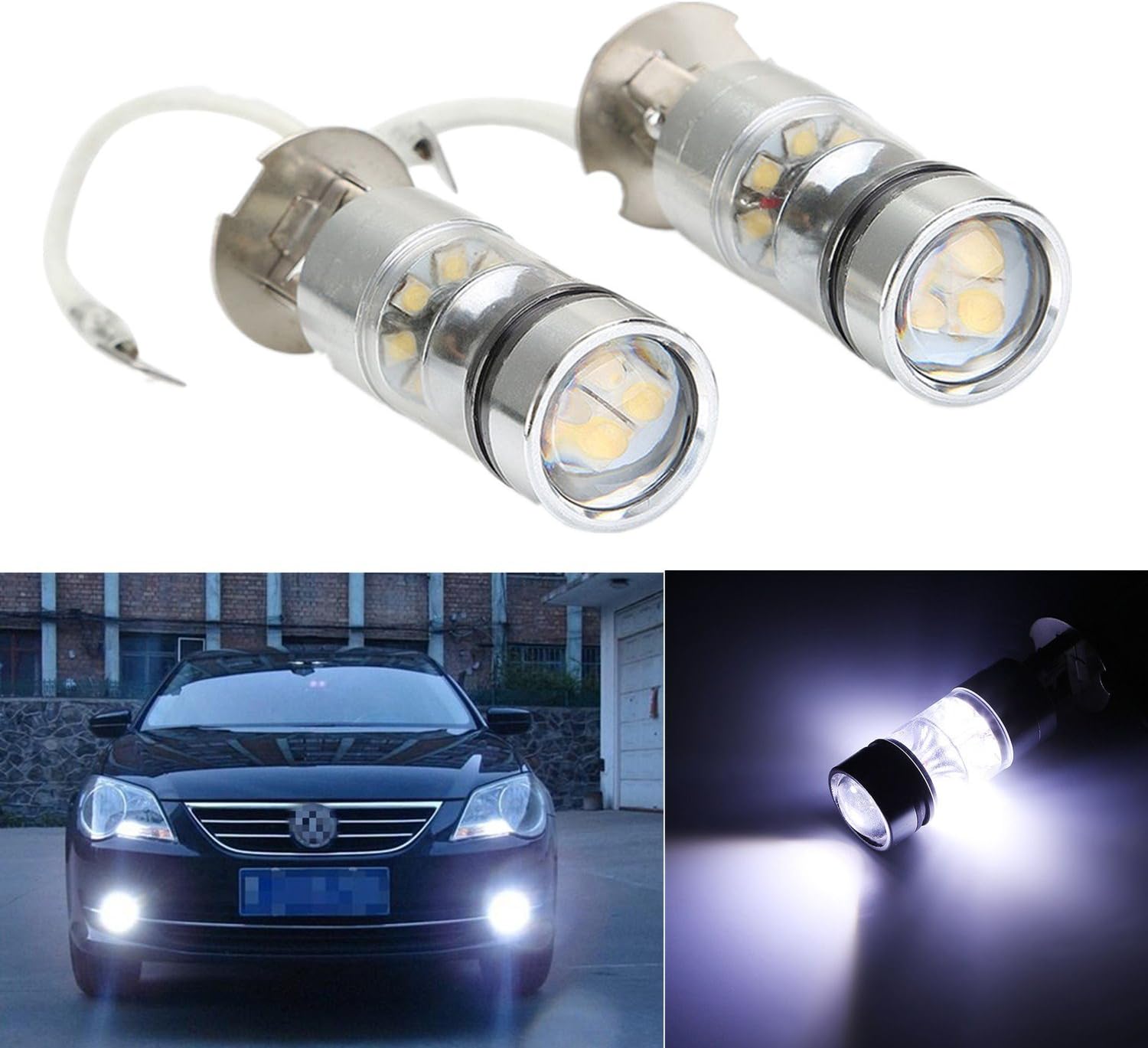 FEZZ H3 Car Fog Lights LED Bulbs Sharp 100W 20SMD Daytime Running Lights DRL Auto 6500K Cool White (Pack of 2)