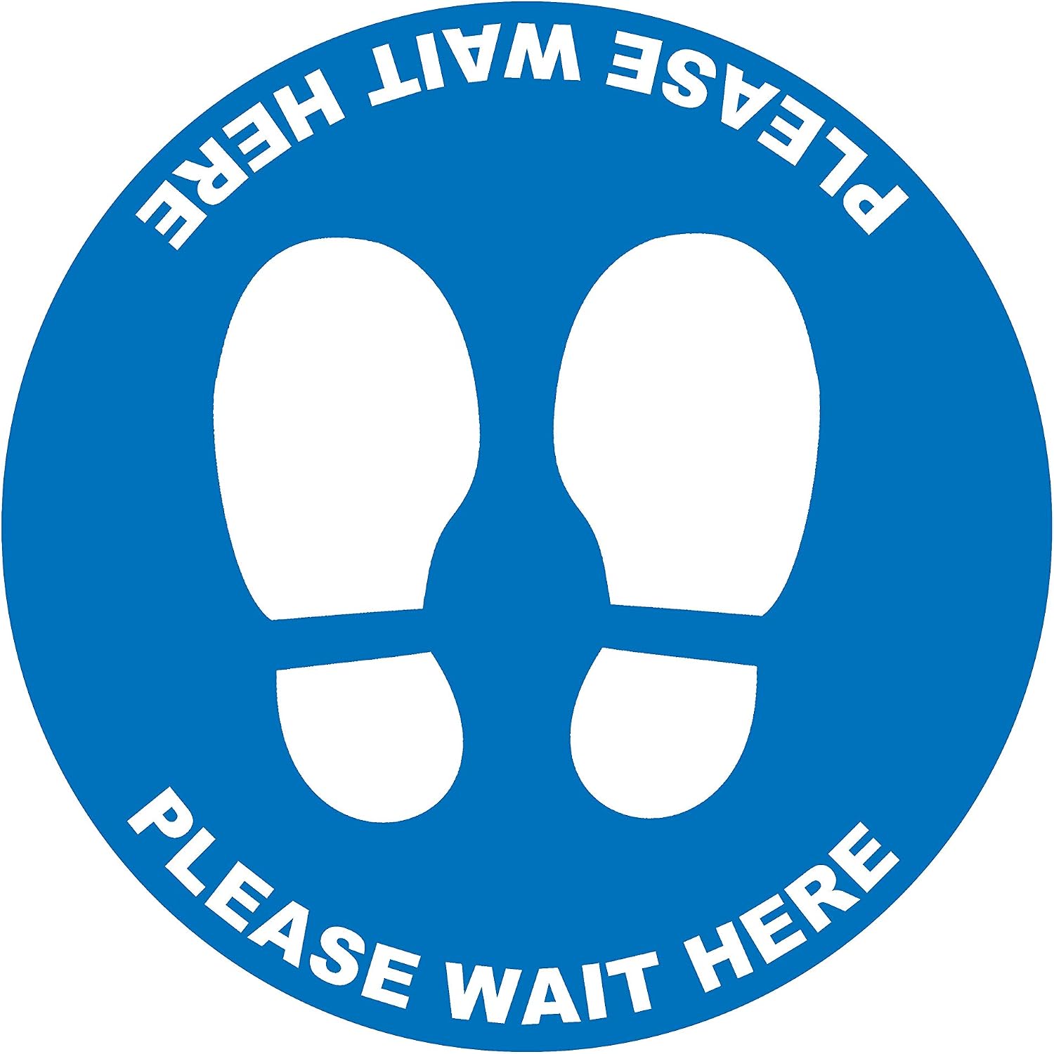 2 x please wait here blue, social distancing landscape floor safety sign self adhesive vinyl weather proof label sticker